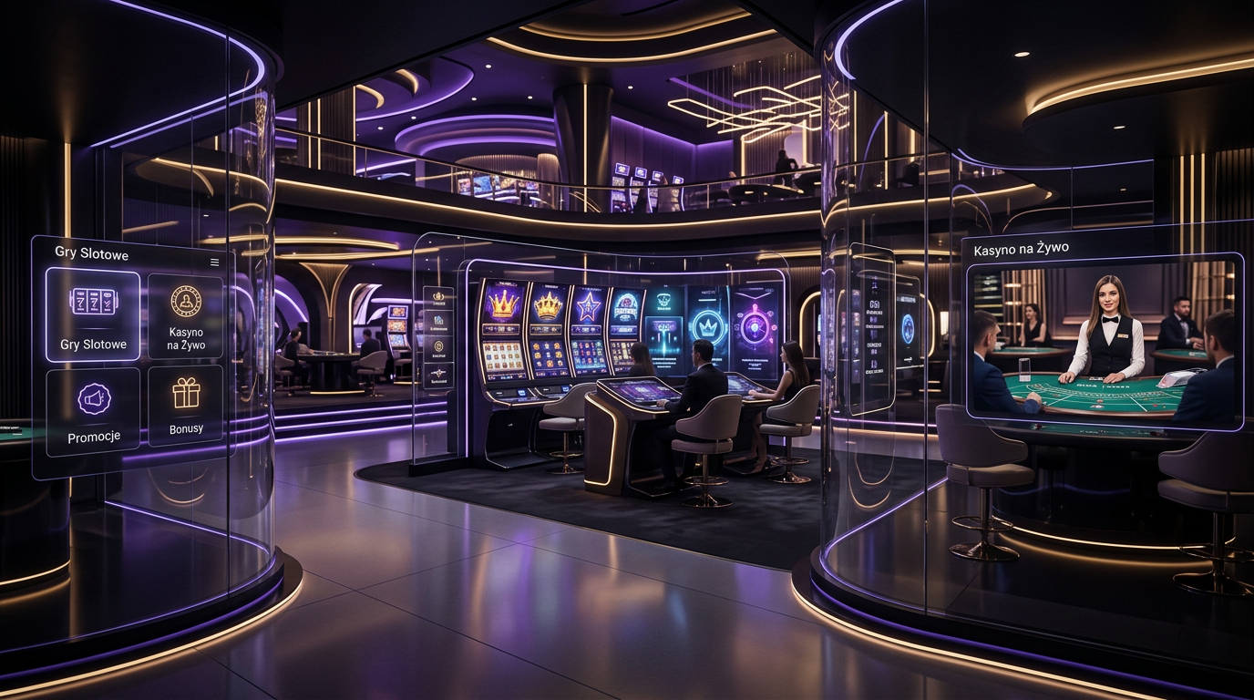 Futuristic online casino interface with neon lights and digital game displays