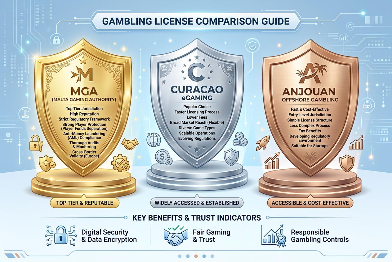 Comparison of MGA, Curacao, and Anjouan gambling licenses showing security levels