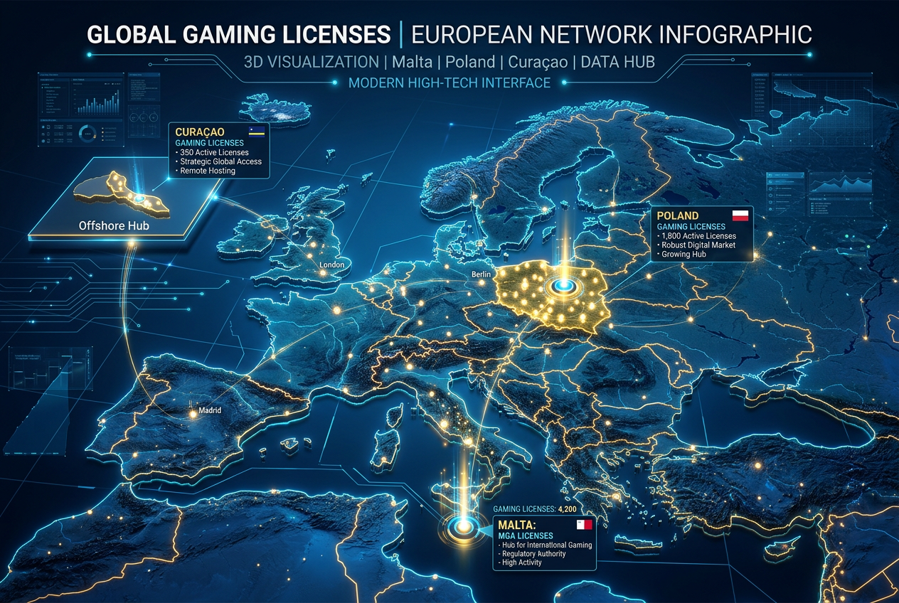 Infografika przedstawiająca europejskie jurysdykcje hazardowe i licencje w 2026 roku