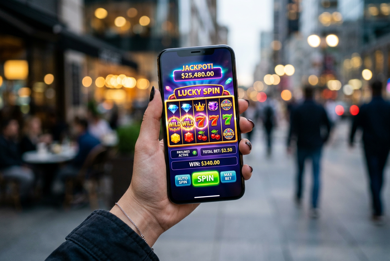Nowoczesny smartfon z uruchomioną kolorową grą typu slot w dynamicznym otoczeniu